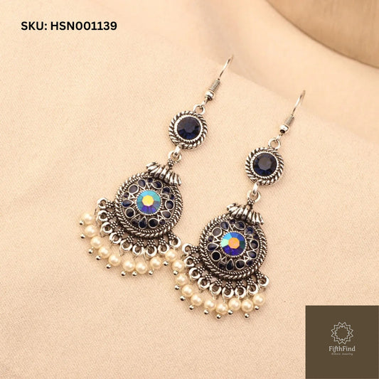 Elegant Silver Earrings with Blue Gem and Pearl Fringe