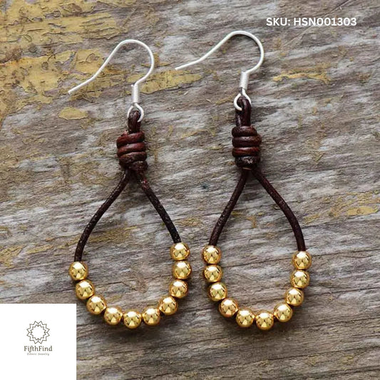 Rustic Leather Hoop Earrings with Gold Beads