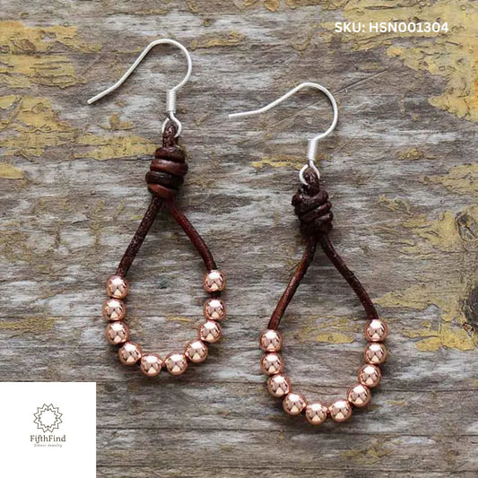 Rustic Leather Hoop Earrings with Rose Gold Beads