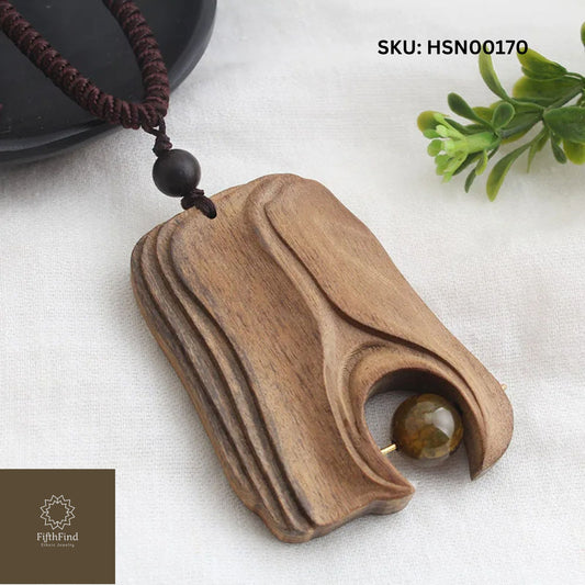 Unique Wooden Pendant with Tiger's Eye Stone Accent