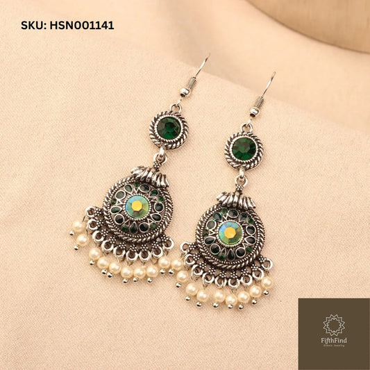 Green Gem and Pearl Silver Statement Earrings