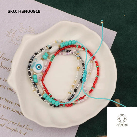 Multicolor Beaded Bracelet Set with Evil Eye Charm