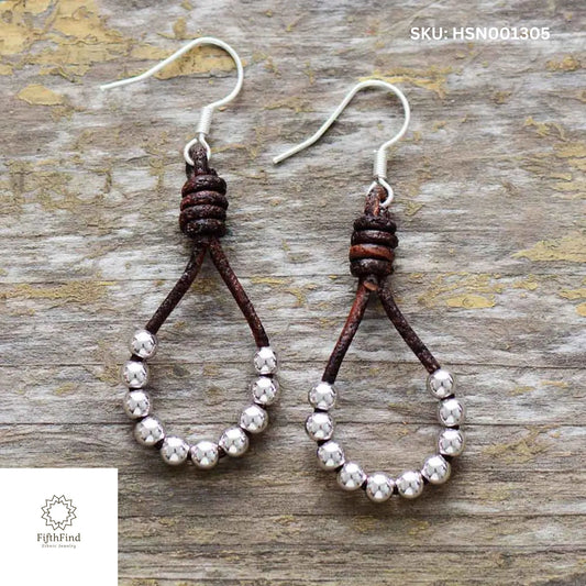 Rustic Leather Hoop Earrings with Silver Beads