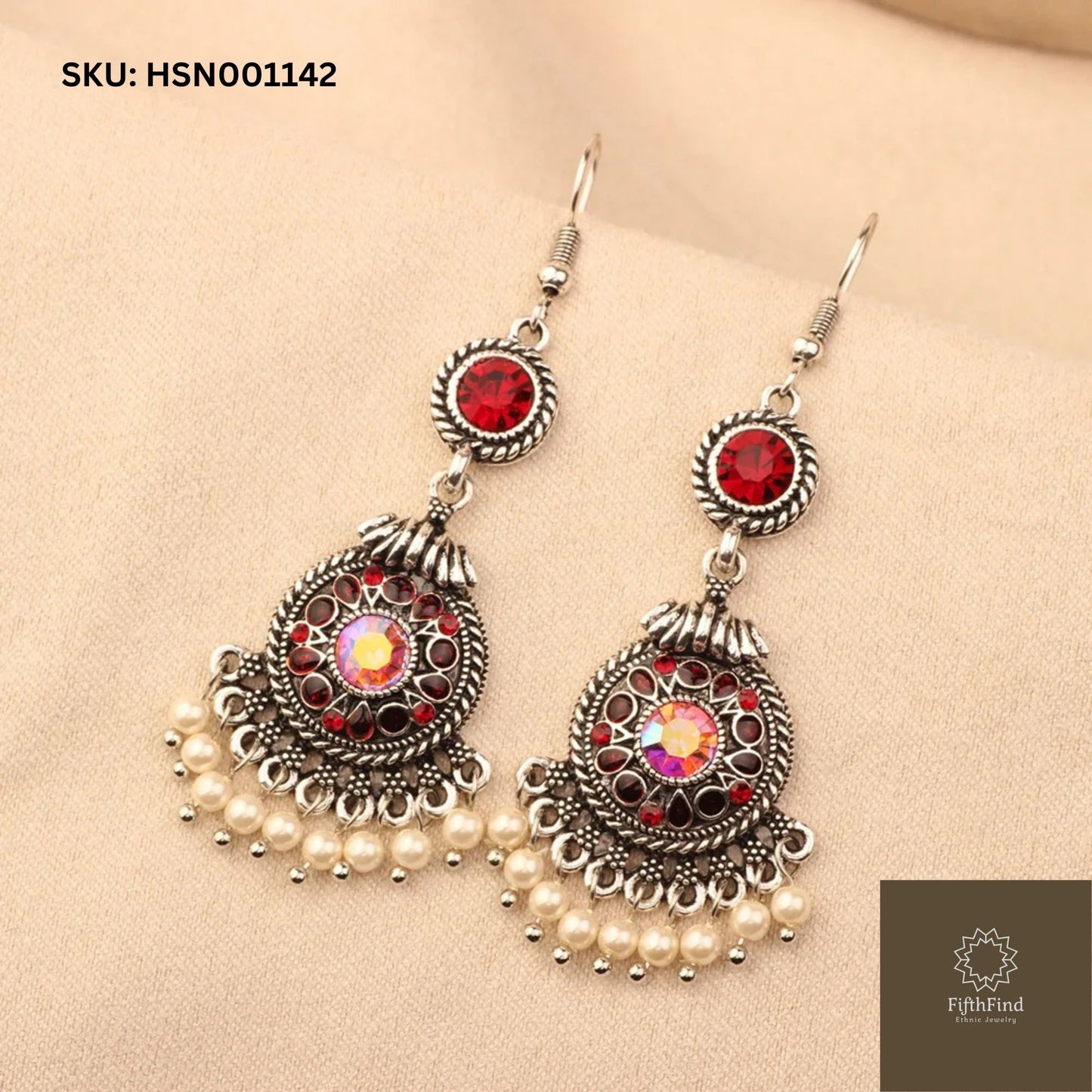 Red Gem and Pearl Silver Statement Earrings