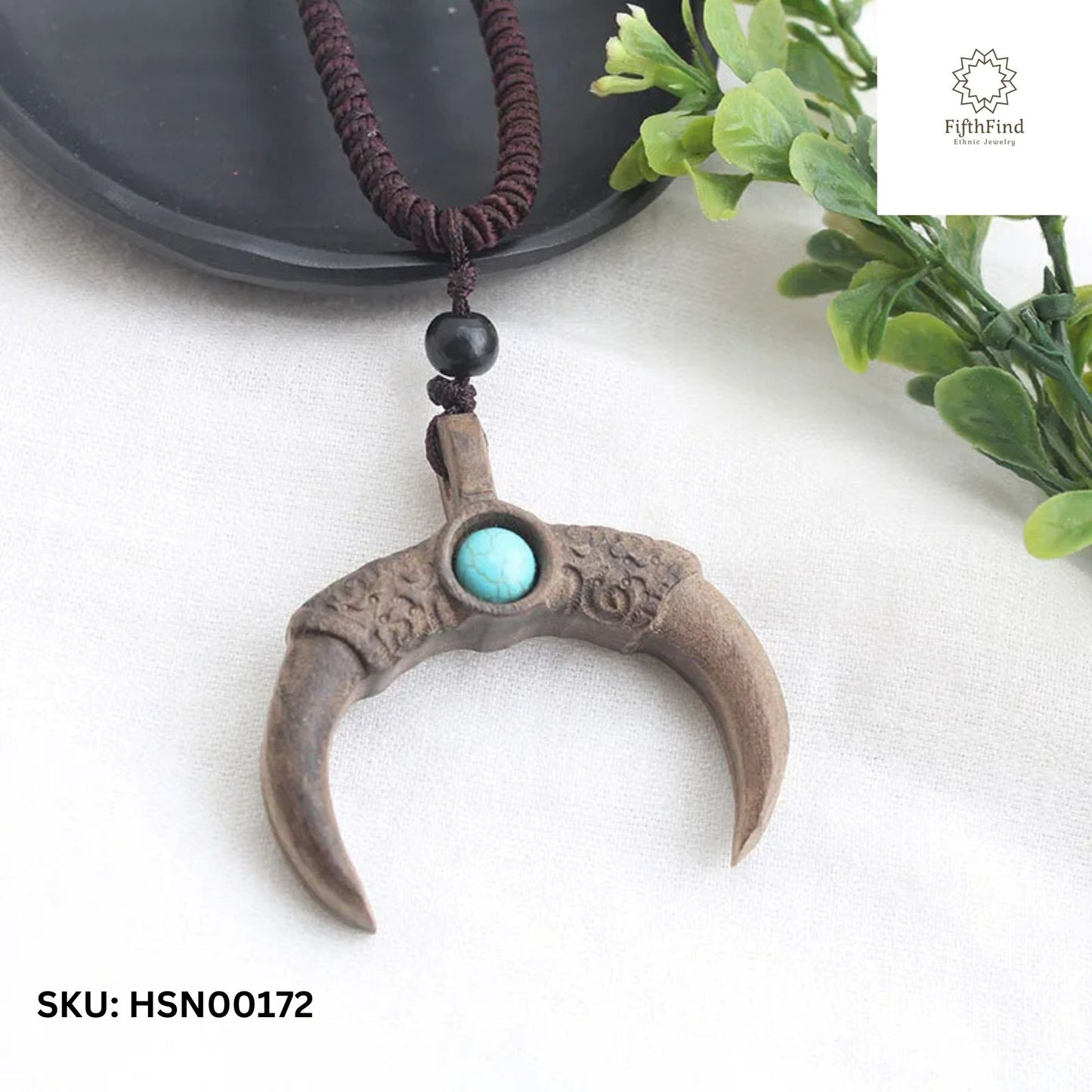 Wooden Crescent Pendant with Turquoise Accent