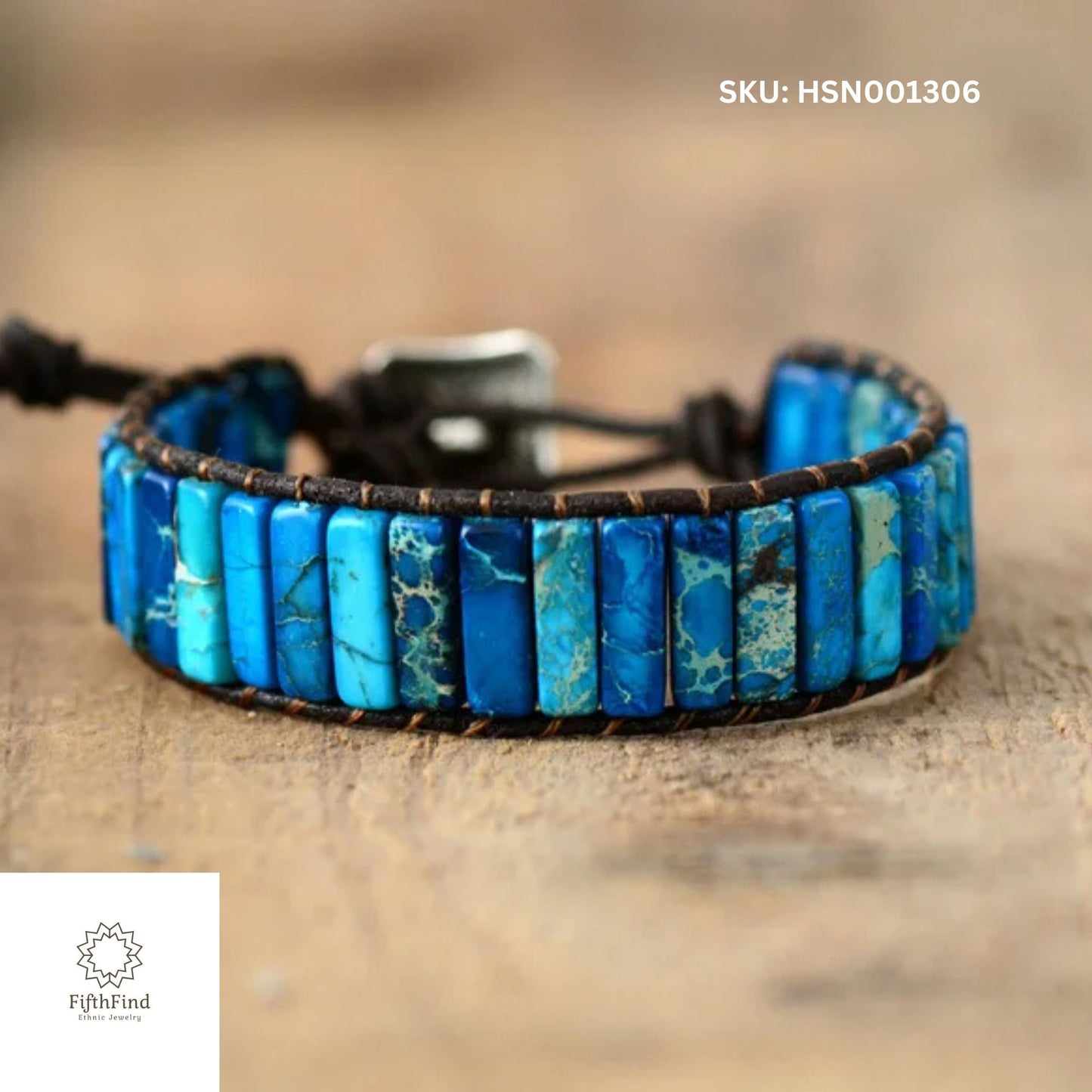 Blue Stone Tile Bracelet with Rustic Leather