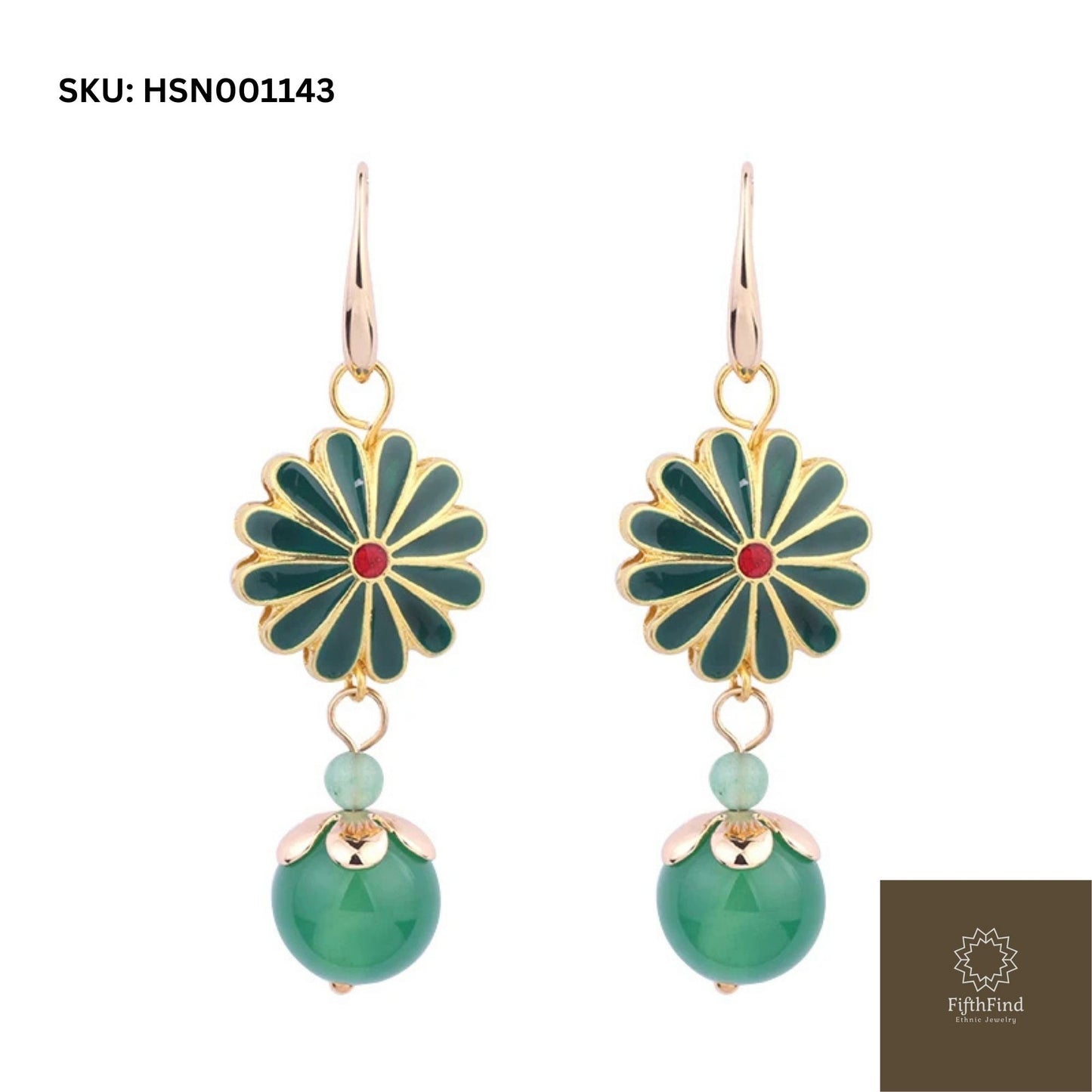 Green Flower Drop Earrings with Gold Accents