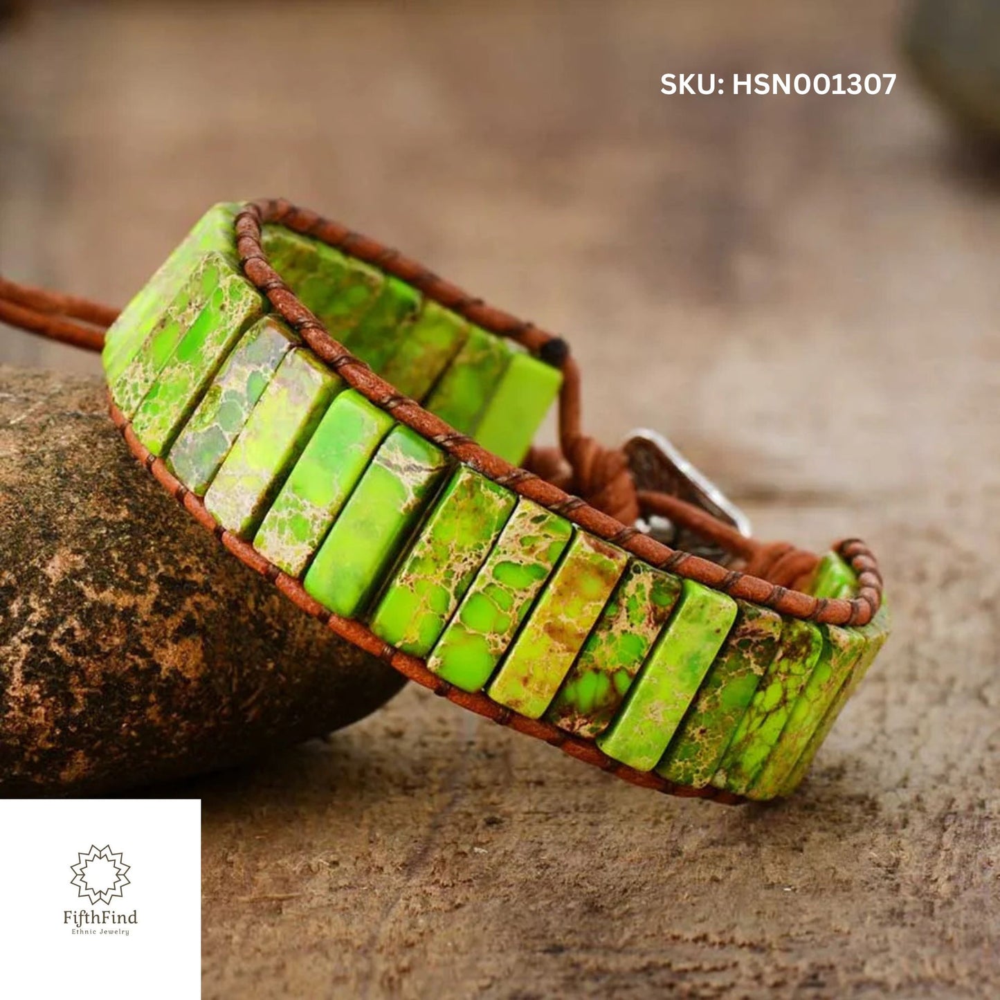 Green Stone Tile Bracelet with Leather Strap