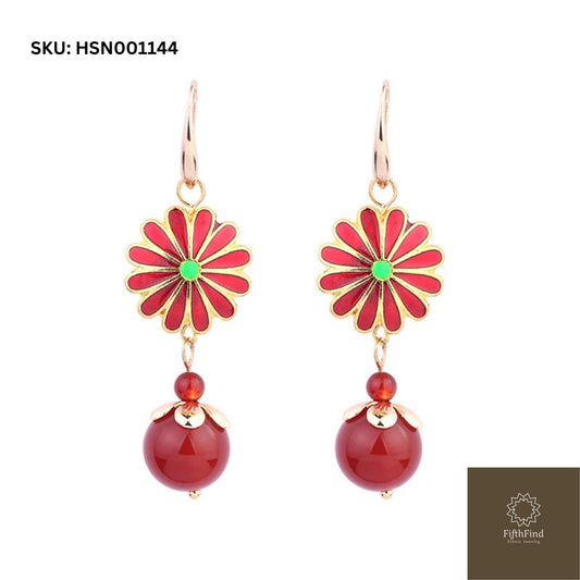 Red Flower Drop Earrings with Gold Accents