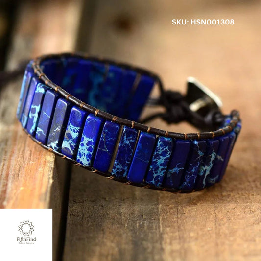 Deep Blue Tile Bracelet with Adjustable Leather Band