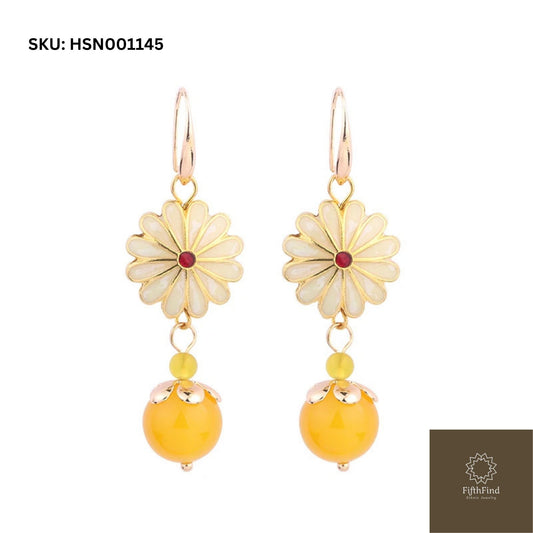 Yellow Flower Drop Earrings with Gold Details