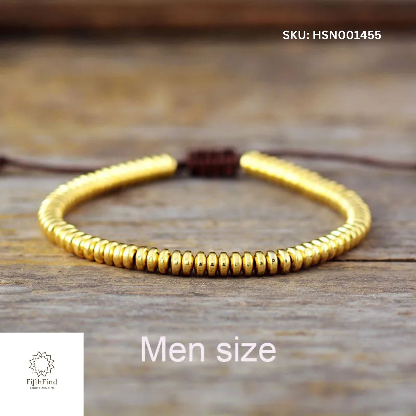 Men's Gold Beaded Bracelet with Adjustable Cord | Boho Chic