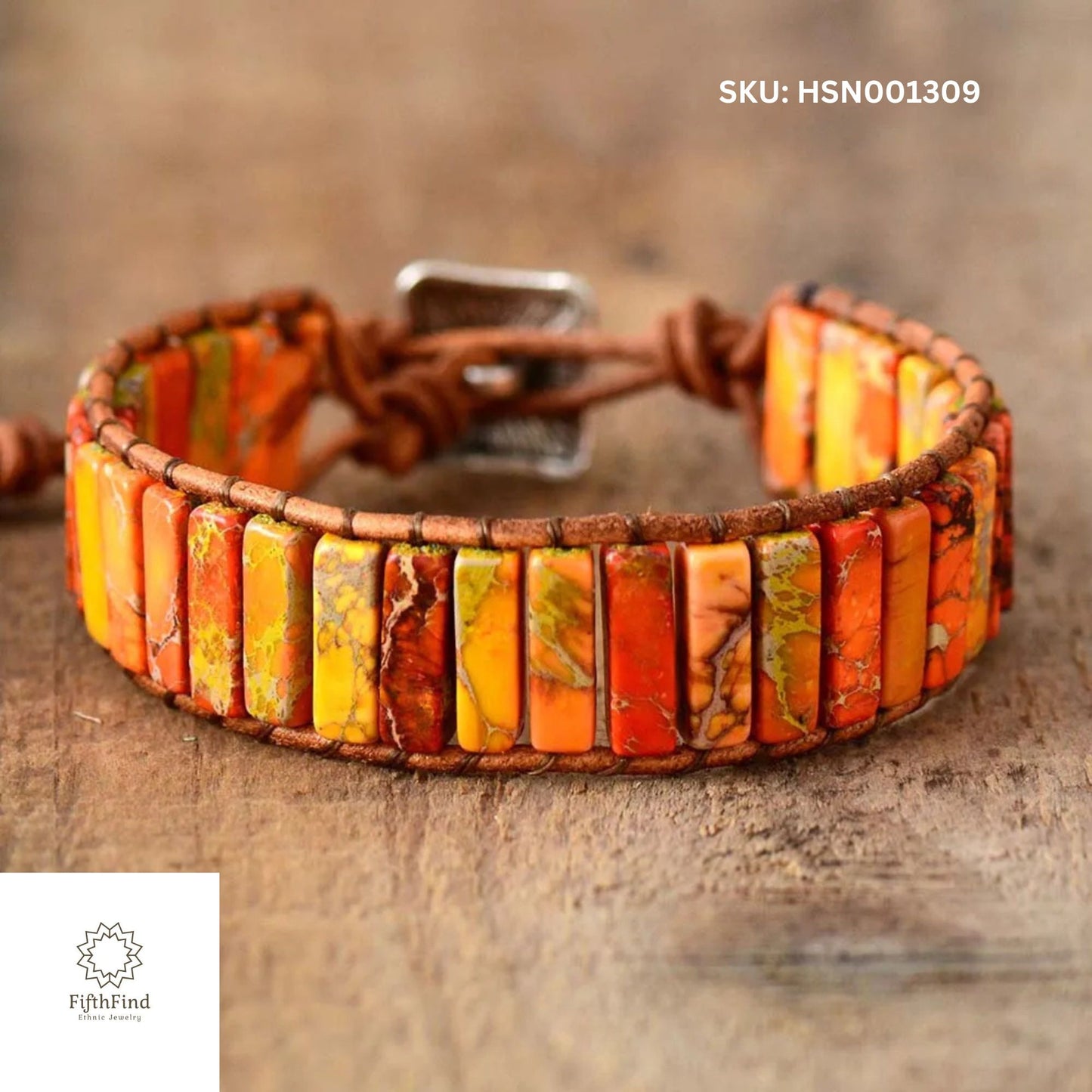 Fiery Orange Tile Bracelet with Leather Strap