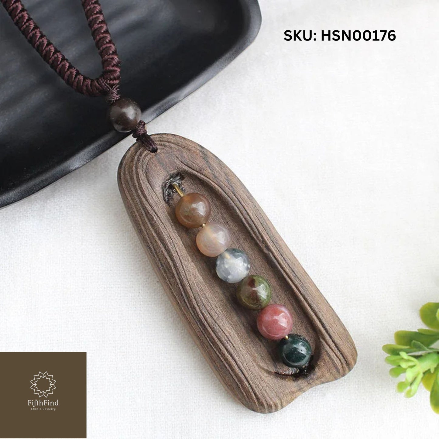 Natural Wooden Pendant with Agate Bead Accents