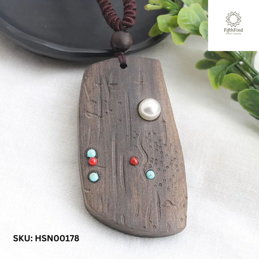 Wooden Pendant with Pearl - Boho Natural Jewelry