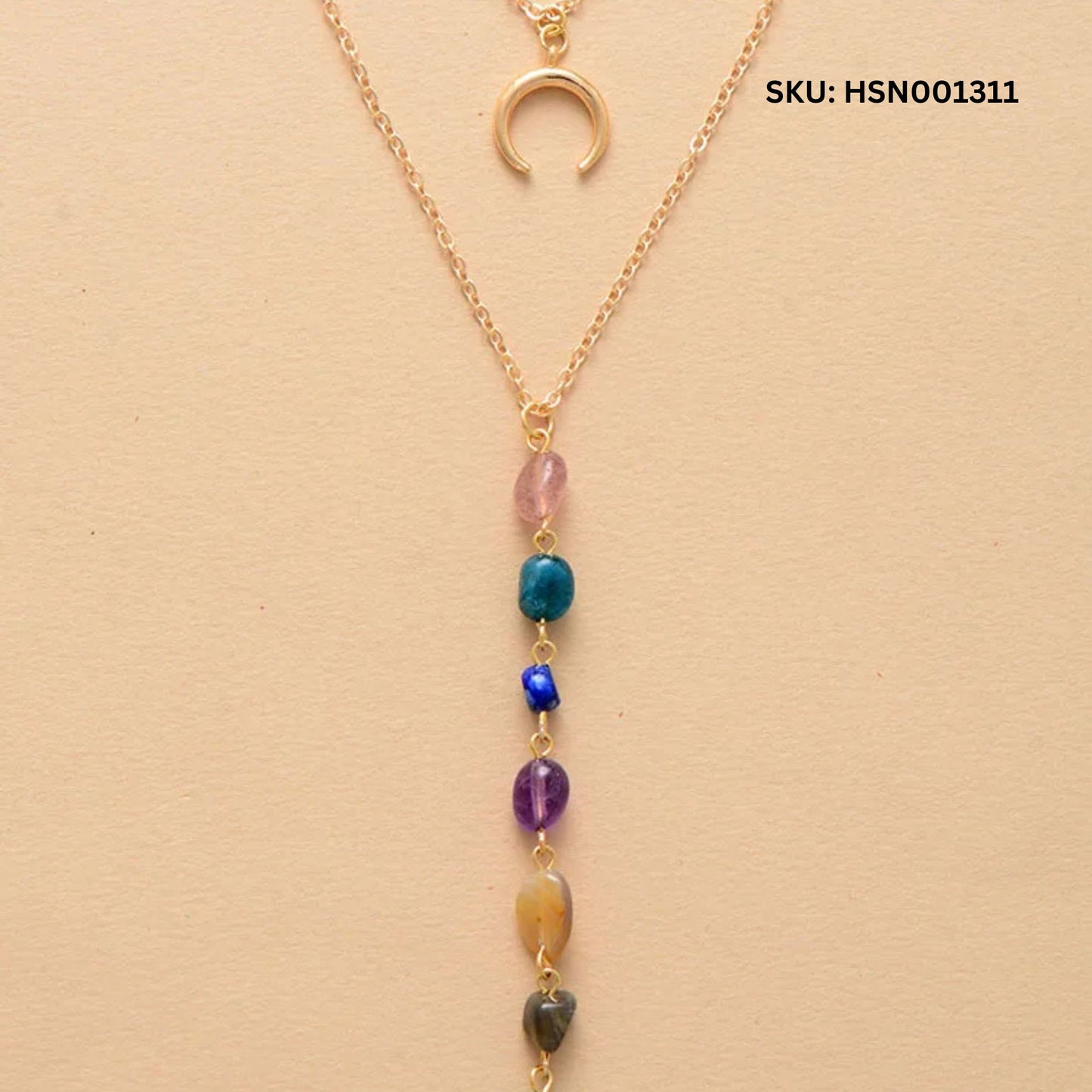 Multi-Gemstone Crescent Pendant Necklace