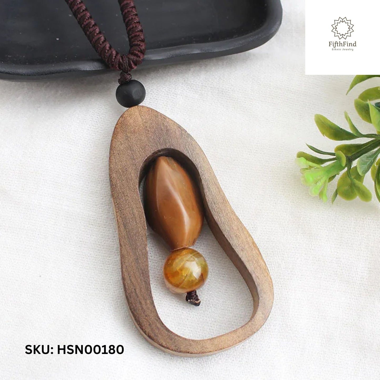 Wooden Hollow Pendant Necklace with Amber Beads