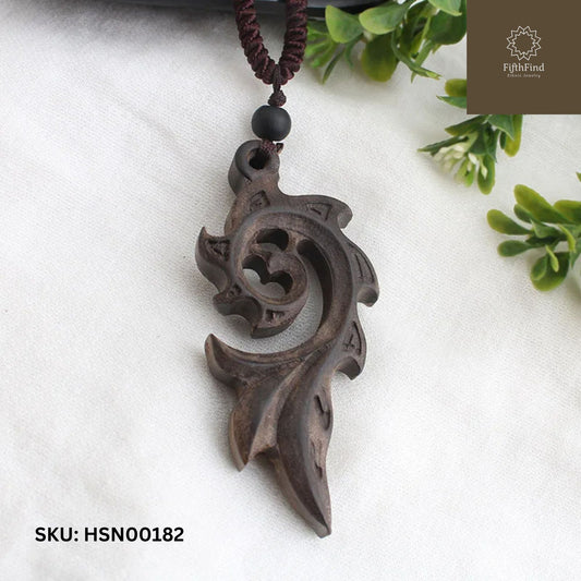 Intricately Carved Wooden Tribal Pendant Necklace