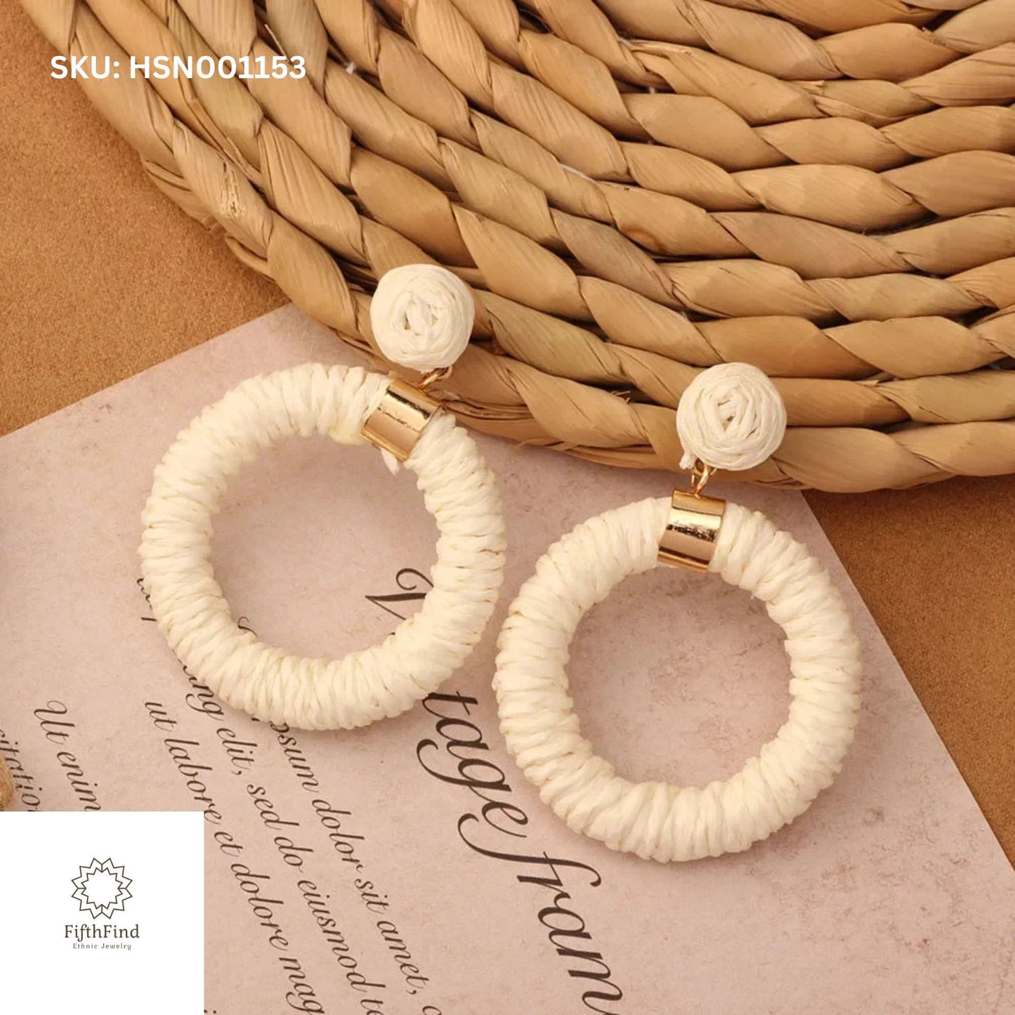 Boho Chic White Raffia Hoop Earrings with Gold Accents