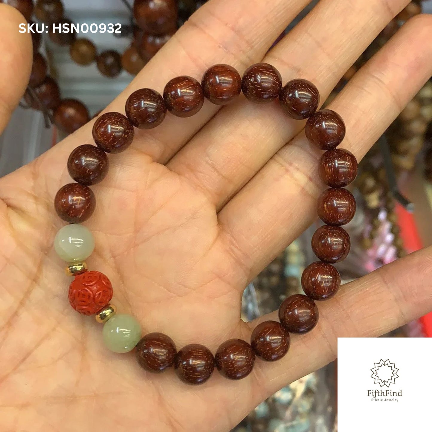 Red Wood & Jade Beaded Stretch Bracelet