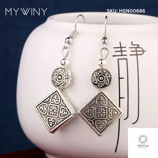 Vintage Square Silver Drop Earrings - Ethnic Boho Charm