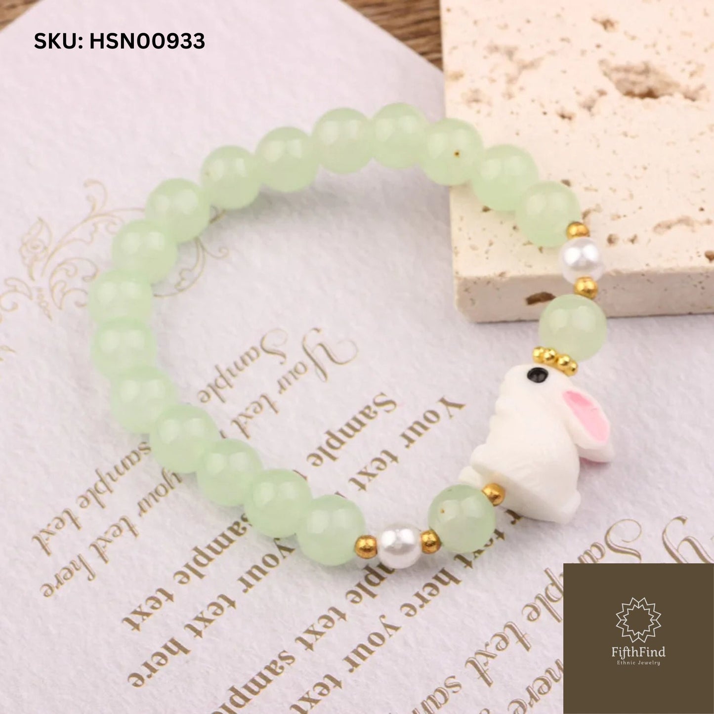 Green Jade Bracelet with Bunny Charm