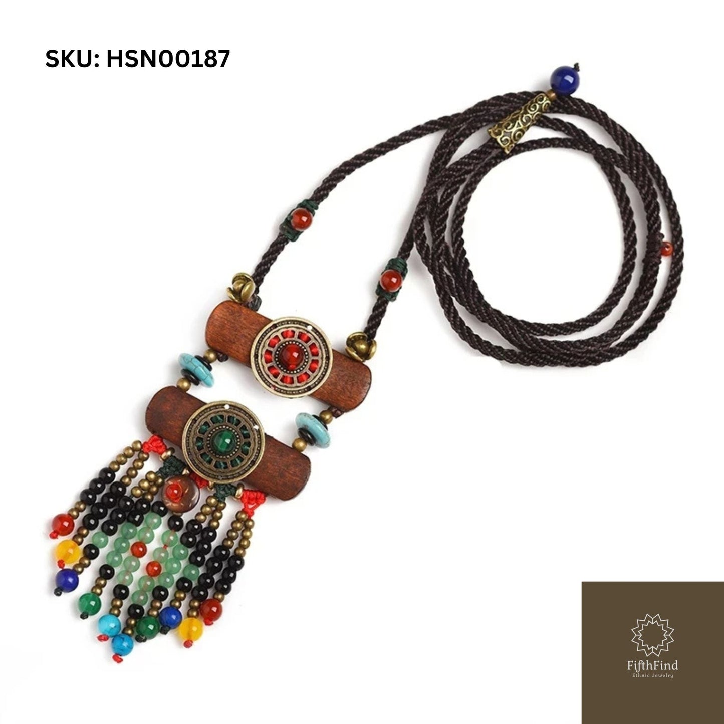 Colorful Boho Ethnic Pendant Necklace with Beaded Fringe