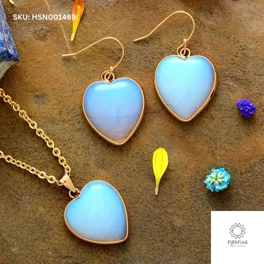 Opalite Heart Necklace and Earrings Set | Boho Chic Gift