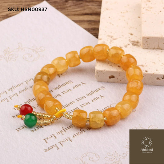 Golden Amber Beaded Bracelet with Colorful Gem Charms