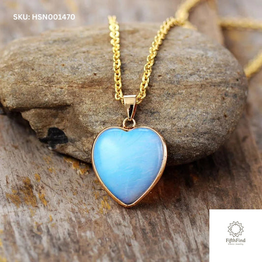 Opalite Heart Pendant Necklace with Gold Chain | Boho Chic