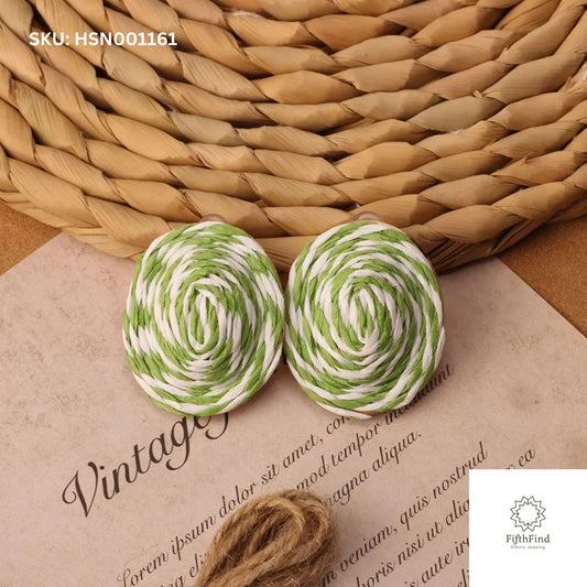 Green Spiral Raffia Stud Earrings