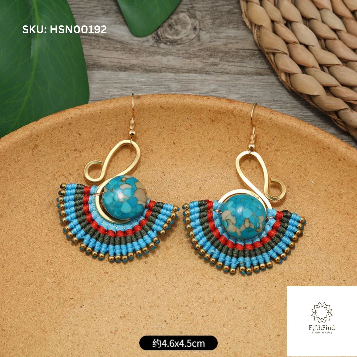 Boho Turquoise Fan Earrings with Gold and Beaded Accents