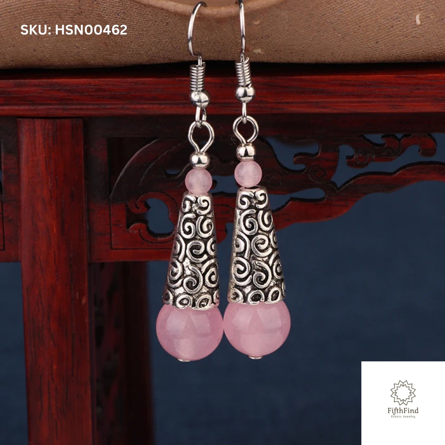 Rose Quartz and Silver Swirl Drop Earrings for Women