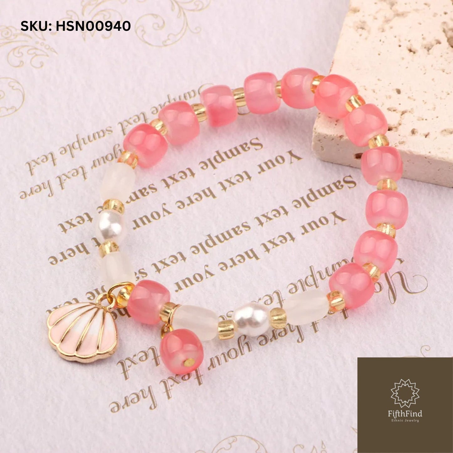 Pink Beaded Bracelet with Shell Charm & Pearl Accents