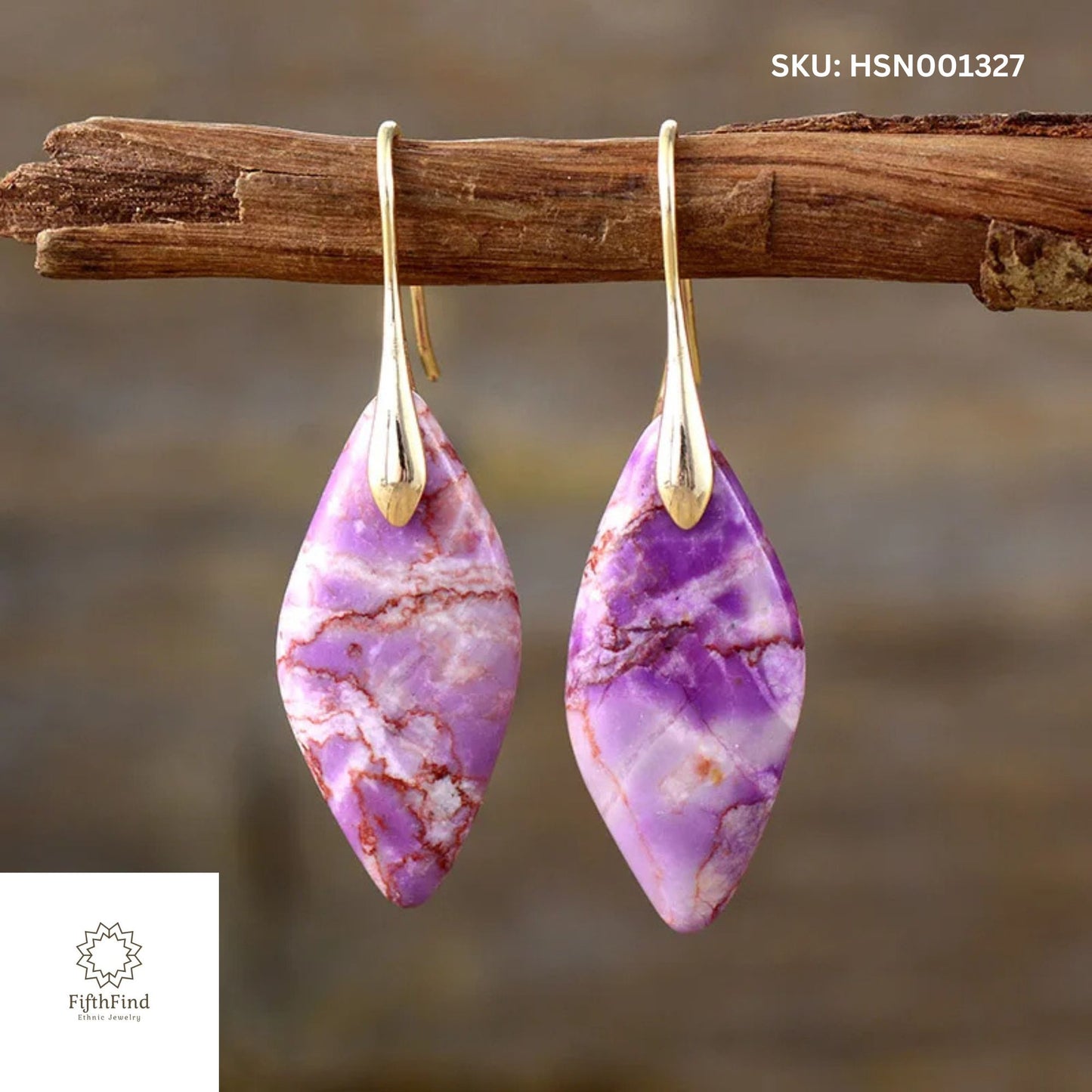 Purple Marbled Drop Earrings with Gold Hooks