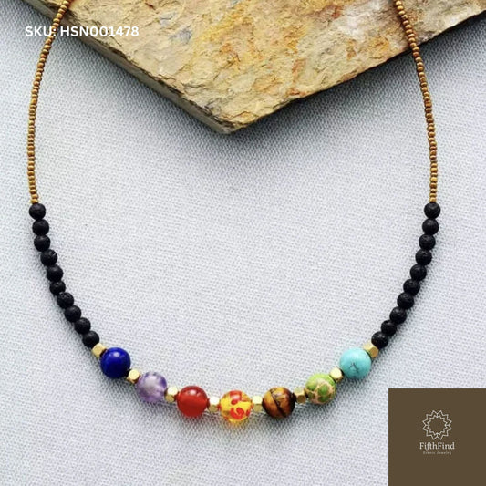 Chakra Beaded Necklace with Lava Stones and Gemstone Beads