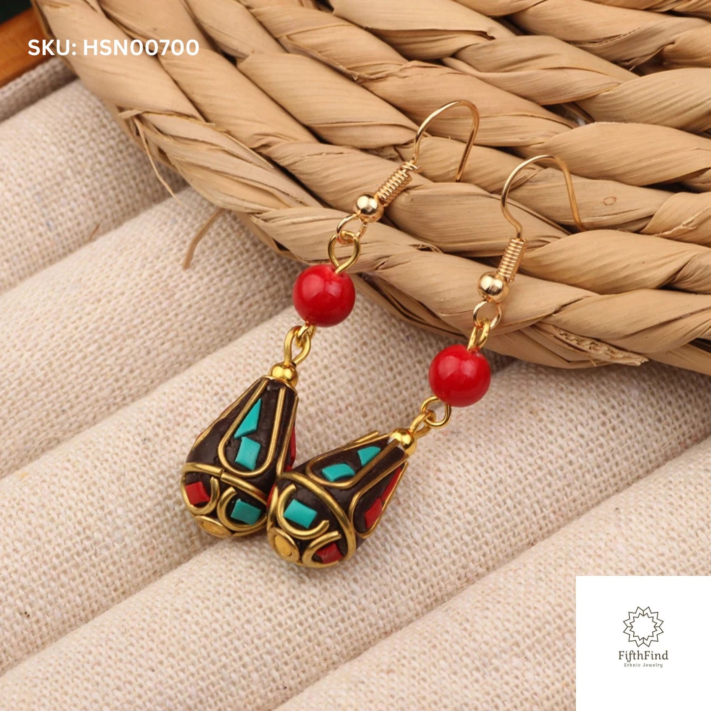 Ethnic Drop Earrings - Turquoise & Red Gemstone Design