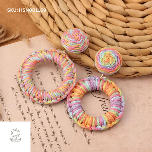 Rainbow Woven Hoop Drop Earrings