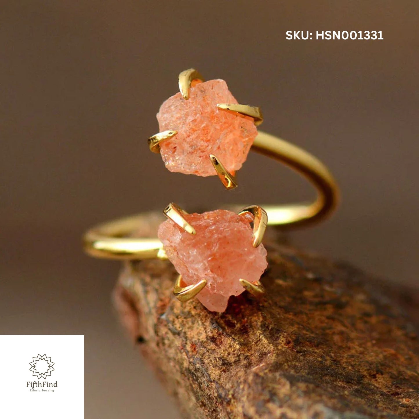 Raw Pink Quartz Adjustable Gold Ring