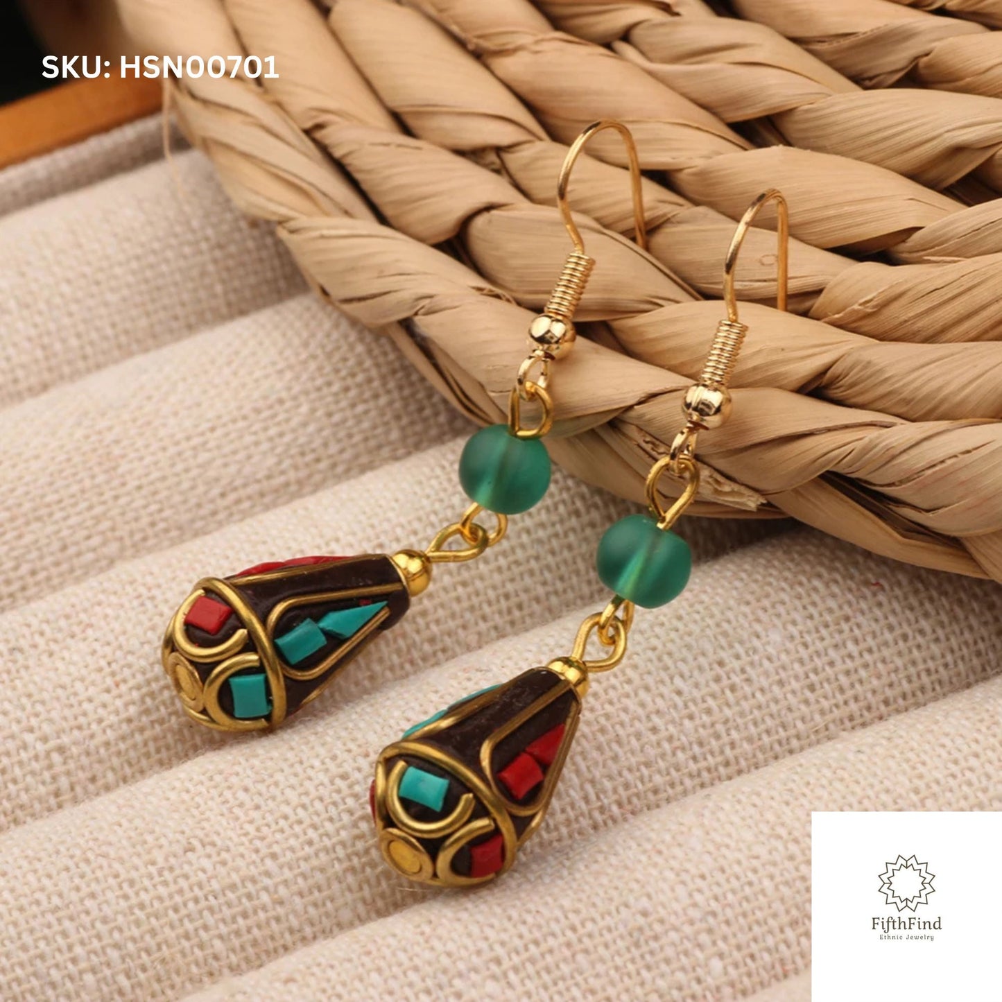 Ethnic Drop Earrings - Turquoise & Green Beaded Design