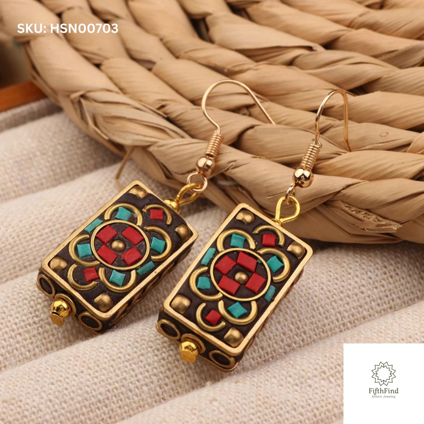 Ethnic Rectangle Earrings - Turquoise & Red Inlay