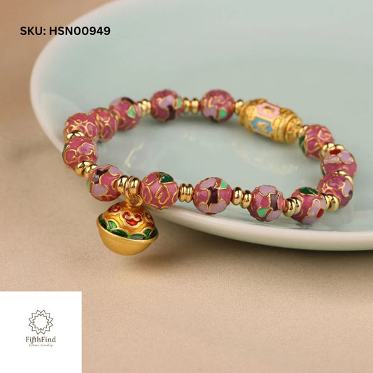 Pink Cloisonné Bracelet with Gold Bell Charm