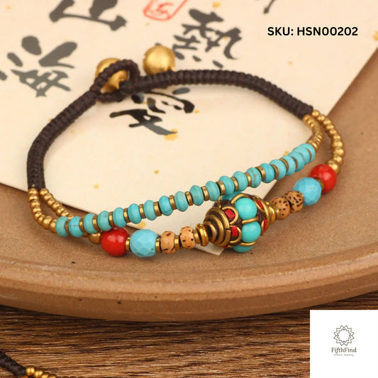 Boho Turquoise Beaded Bracelet with Gold and Red Details