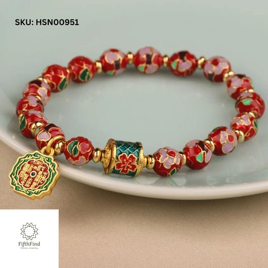 Red Cloisonné Bracelet with Gold and Enamel Charm