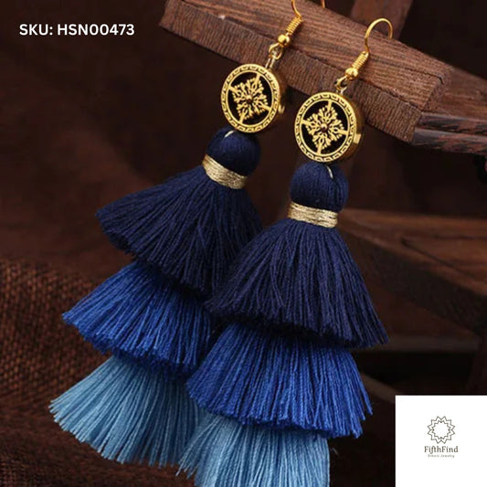 Triple Blue Tassel Earrings with Gold Charm Accents