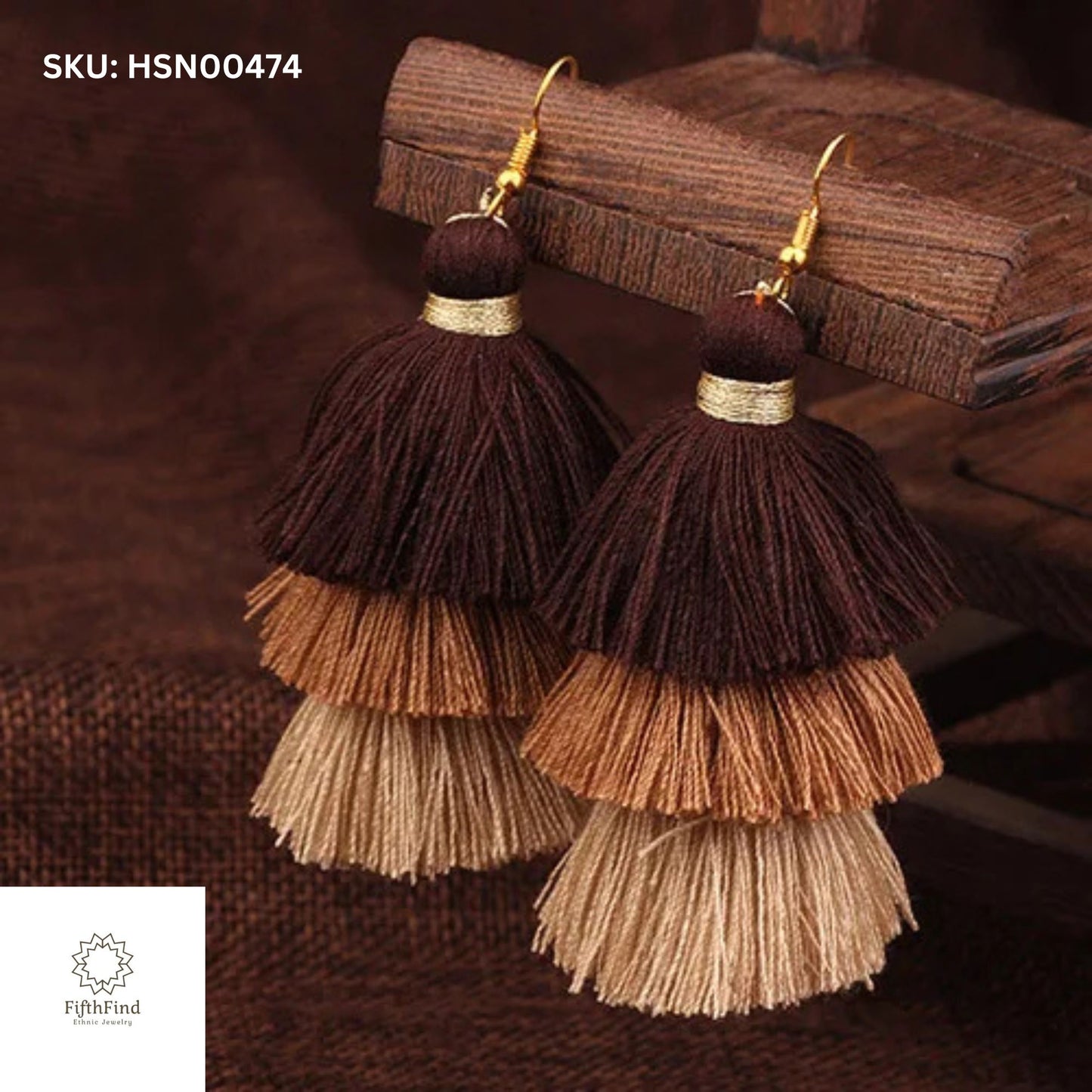 Triple Brown Tassel Earrings with Neutral Gradient Design