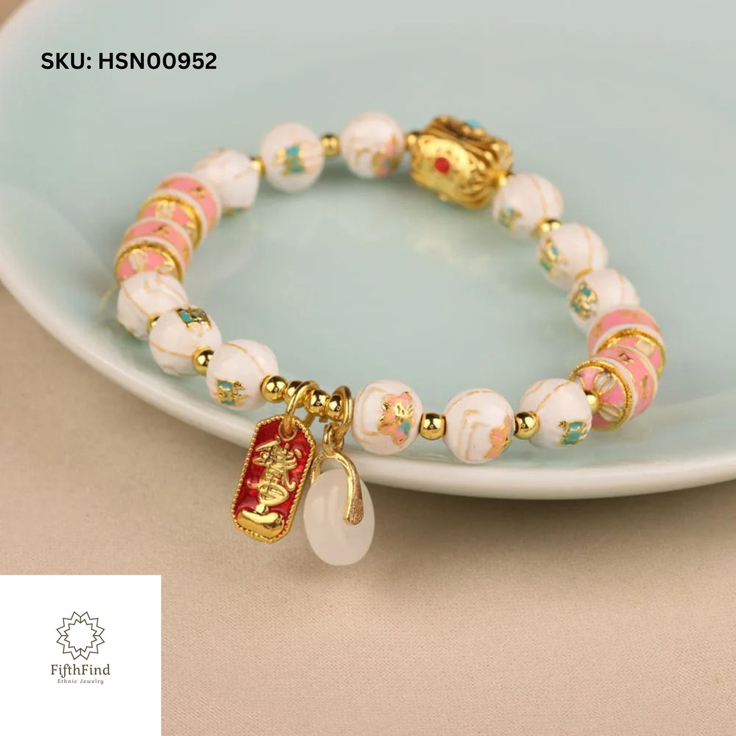 White Cloisonné Bracelet with Gold and Lucky Charms