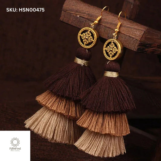 Brown Gradient Tassel Earrings with Gold Accent Charms