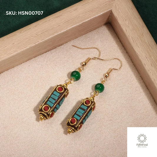 Turquoise Ethnic Earrings - Green & Red Beaded Design