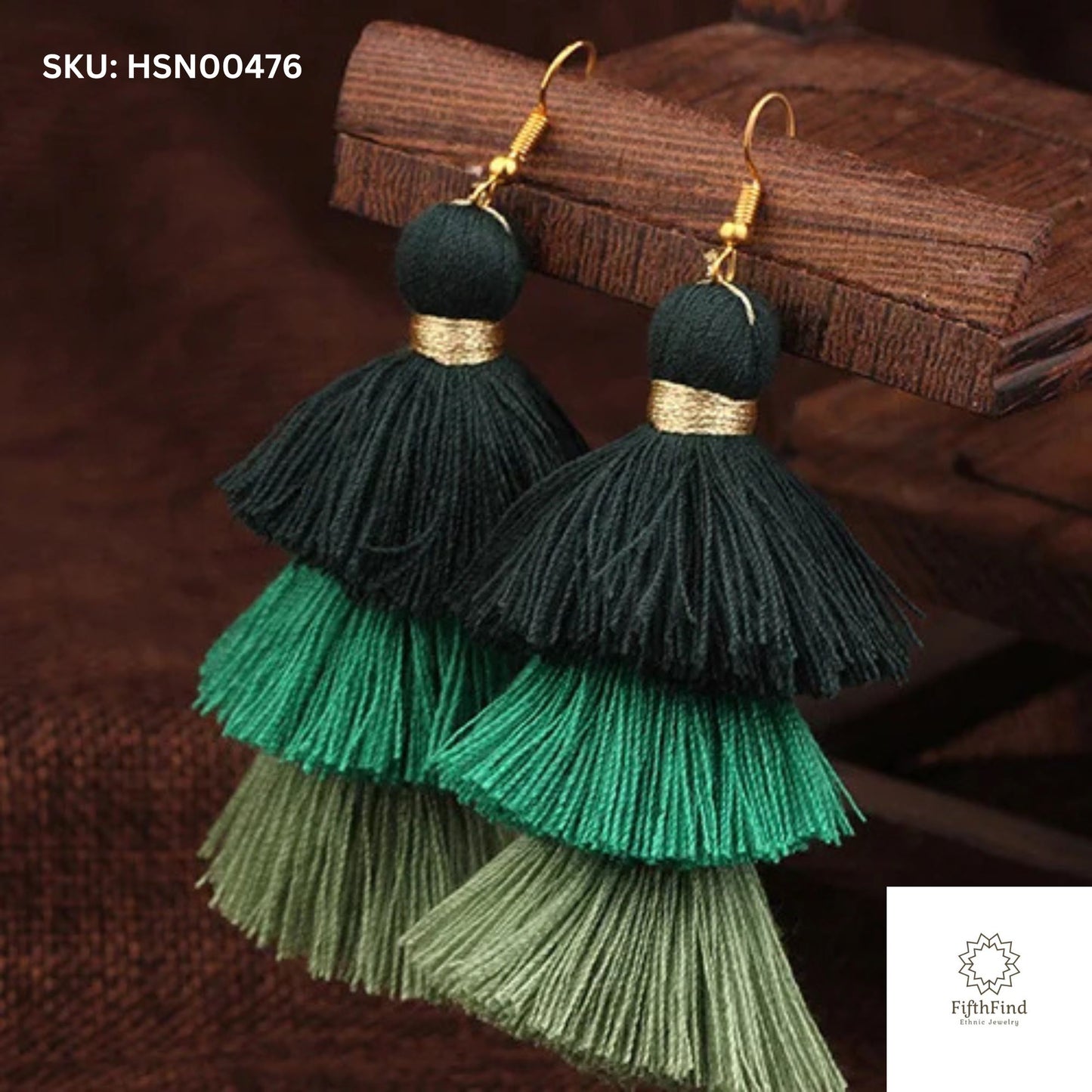 Green Gradient Tassel Earrings with Gold Detail